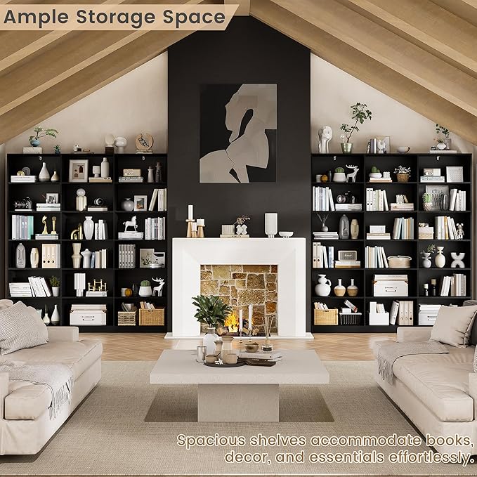 71.6” Tall Bookshelf, Black Bookcase with 18 Shelves, Triple Row Freestanding Display Storage Shelvesm, 2 PC 6 Tier Wide Book Case for Bedroom Living Room Home Office