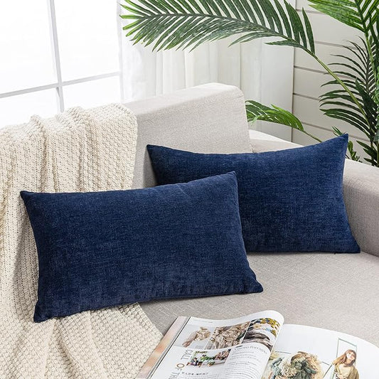 GAWAMAY Lumbar Support Pillow Decorative Rectangle Throw Pillow Covers 12"x20" Inch Set of 2, Soft Chenille Pillowcase for Living Room Bedroom Sofa Couch Cushion Cover Navy Blue 30x50cm (ONLY Covers)