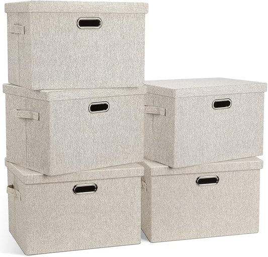 Large 17" 36 Quart Collapsible Stackable Storage Bins with Lids, 5 Packs Beige Linen Fabric Closet Boxes with Lids, Storage Cube Baskets Container Organizers for Bedroom Office(17 x12 x11)