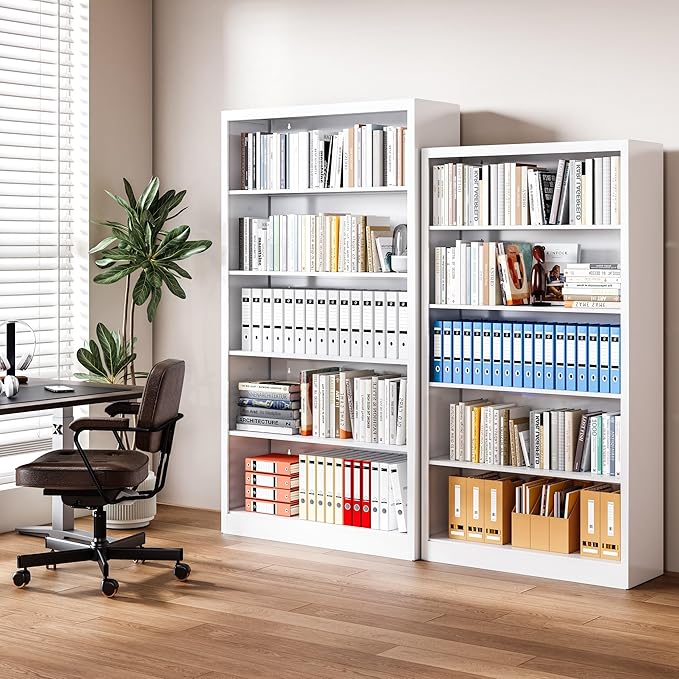 Book Shelf Organizer, Metal Bookshelves Adjustable, 5 Tier White Bookcase, Heavy Duty Open Bookshelf for Office, Living Room, Library, Bedroom, 55" Tall