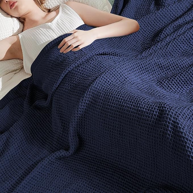 Tex Trend 100% Cotton Blankets King Size – Durable and Versatile Waffle Weave Blankets for Year Round Coziness – Breathable &amp; Lightweight - Navy Blue (90”x108”)