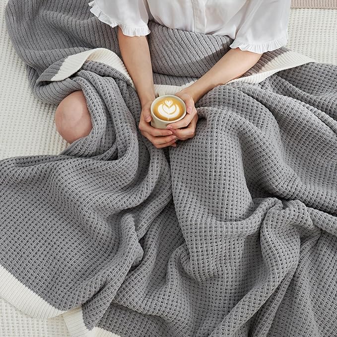 Amélie Home Waffle Throw Blanket for Couch Twin, Soft Cozy Chenille Knit Blanket Warm Decorative Throw for Sofa, Bed, Living Room, 60"x80", Gray