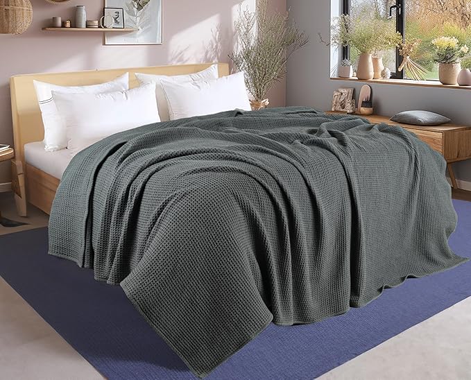 Tex Trend Gray Waffle Blanket – 100% Cotton Blankets Queen Size – Breathable and Soft for Summer Spring – Suitable for Bed Layering, Sofa – Gray (90”x90”)