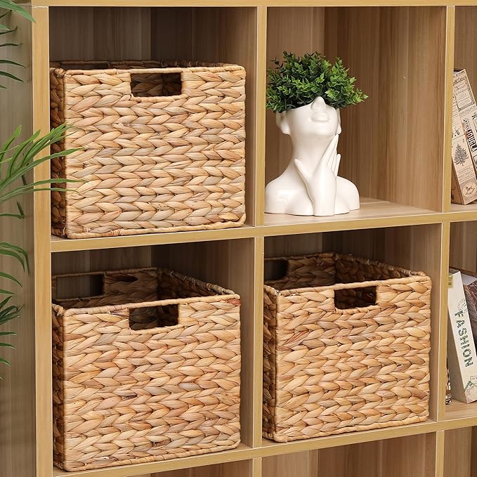 12x12x10 Water Hyacinth Storage Basket Large, Folding Cube Woven Wicker Storage Basket for Shelves, Pantry Baskets Organization and Storage, Kitchen Storage Baskets, Large Rattan Basket Set of 3