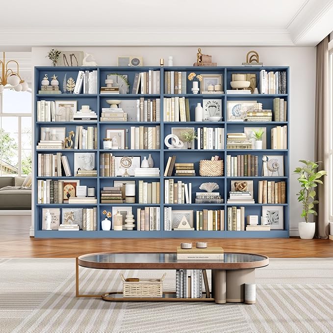 Bookshelf and Bookcase, 6-Tier Double Wide Bookshelfs, Freestanding Display Storage Shelves, Tall Bookcases for Home Decor Bedroom, Living Room, Home Office, Blue