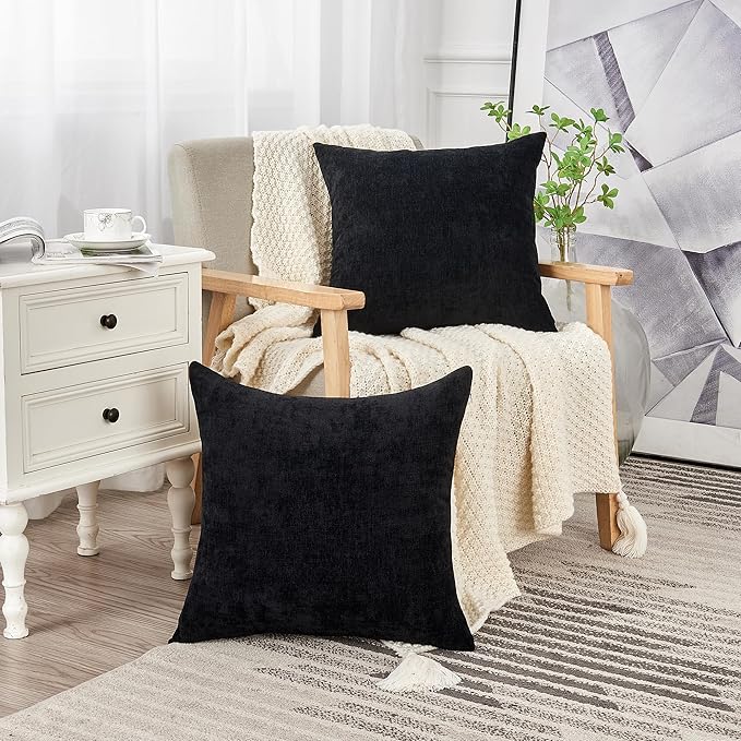 GAWAMAY Decorative Square Throw Pillow Covers 22"x22" Inch Set of 2, Super Soft Chenille Pillows Farmhouse Fall Pillowcase for Living Room Bedroom Sofa Couch Cushion Cover Black 55x55cm (No Insert)