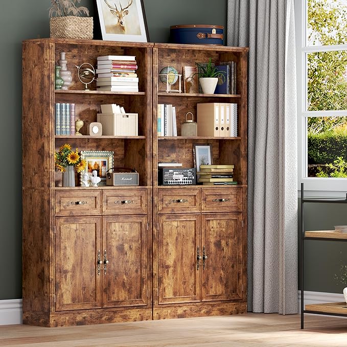 71.4" Tall Bookshelf with Drawers &amp; Cabinet, 5-Tier Floor Standing Bookcase with Storage Doors, Adjustable Shelves &amp; Metal Handles, 31.5" Wide Organizer for Home Office, Living Room