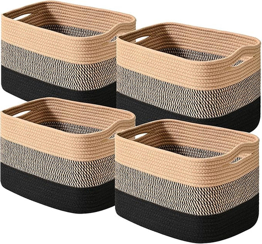 Storage Baskets for Shelves Organizing, Woven Cotton Rope Baskets for Storage, Book Basket, Towel Basket, 12.5"Lx9.1''Wx7.9''H (4 Packs) Gradient Black &amp; Jute