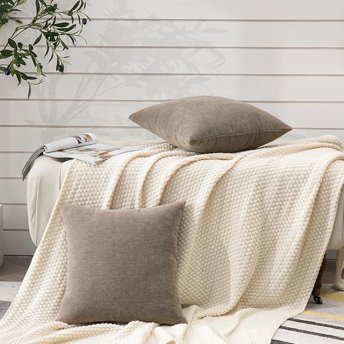 GAWAMAY Decorative Throw Pillow Covers 16x16 Inch Set of 2, Super Soft Chenille Square Pillows Farmhouse Fall Pillowcase for Living Room Bedroom Sofa Couch Cushion Cover Taupe Gray 40x40cm