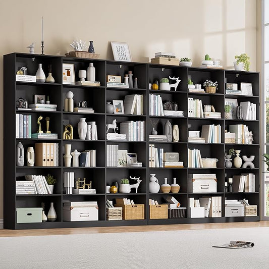 71.6” Tall Bookshelf, Black Bookcase with 18 Shelves, Triple Row Freestanding Display Storage Shelvesm, 2 PC 6 Tier Wide Book Case for Bedroom Living Room Home Office
