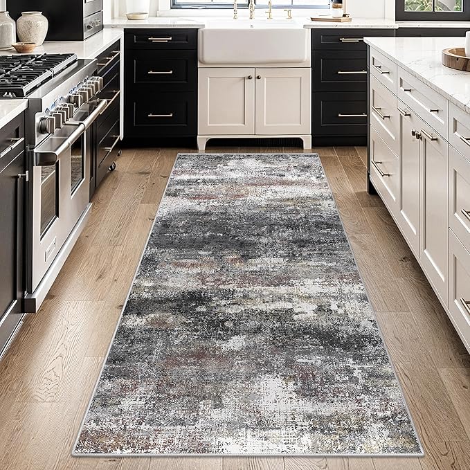Runner Rug for Hallway Kitchen, 2x12 Machine Washable Runners Rug for Entryway, Soft Modern Abstract Throw Rugs, Low Pile Floor Cover with Non Slip Backing, Dark Gray