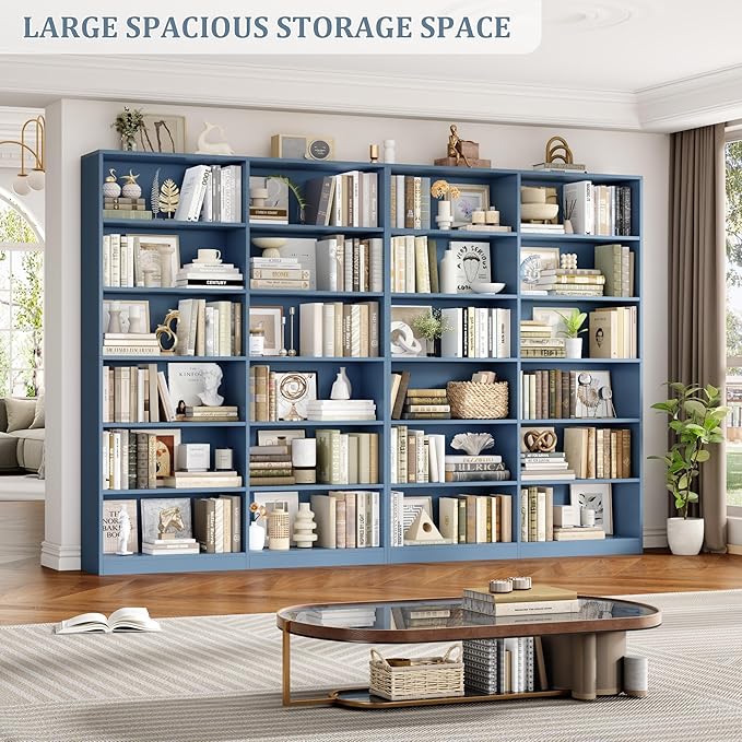 Bookshelf and Bookcase, 6-Tier Double Wide Bookshelfs, Freestanding Display Storage Shelves, Tall Bookcases for Home Decor Bedroom, Living Room, Home Office, Blue