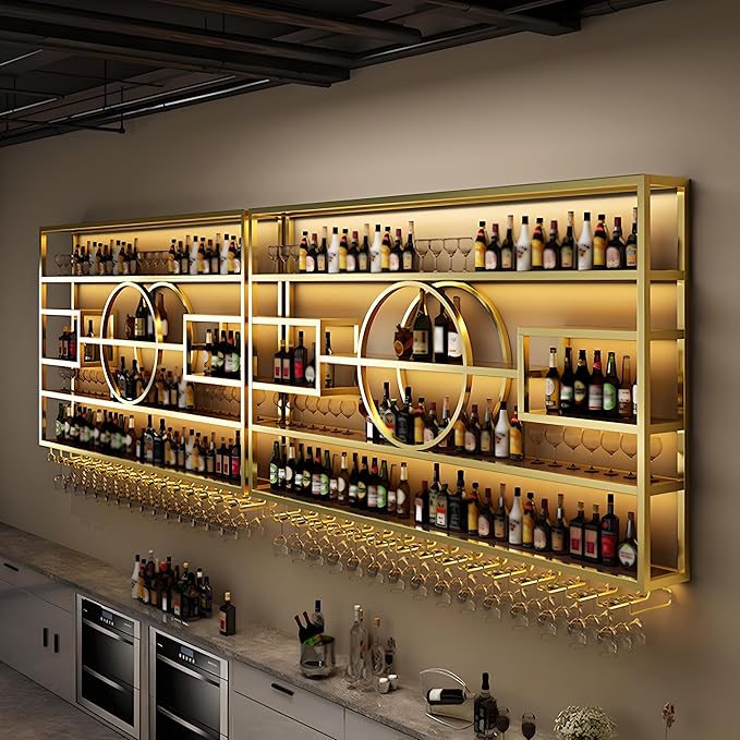 126in Large Wall Mounted Wine Rack, Modern Metal Wine Bottle and Glass Holder, 4-Tiers Liquor Bottles Floating Shelves Display Storage for Home Bar &amp; Dining Room Decorative (GOLD, 126 * 8 * 51INCH)