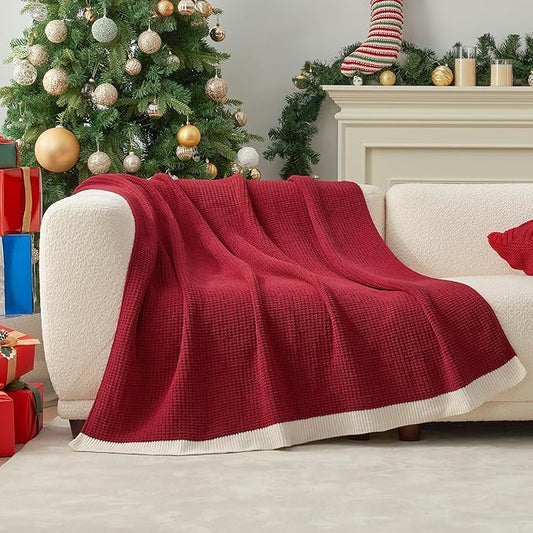 Amélie Home Chenille Waffle Throw Blanket for Couch, Soft Cozy Knit Blanket Warm Decorative Throw for Sofa, 50"x60", Christmas Red