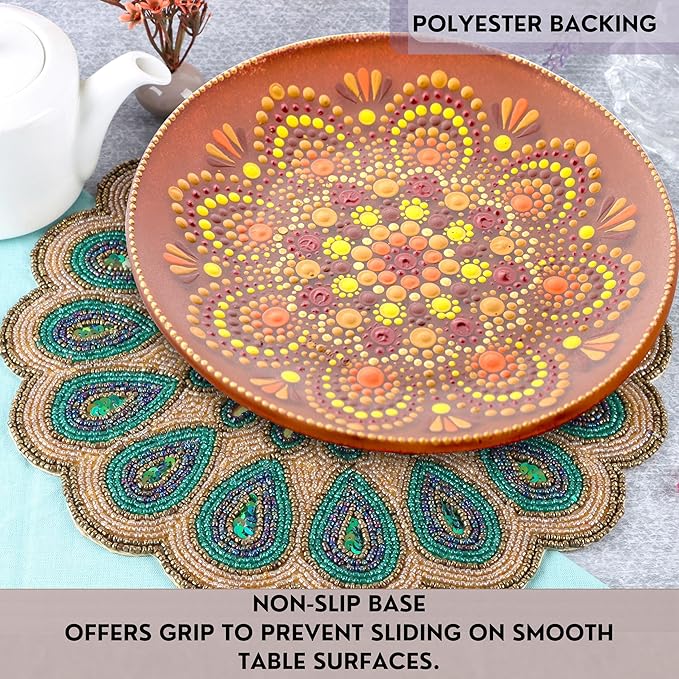 13" Round Beaded Table Mat - Elegant Glass Bead &amp; Polyester Charger Plate for Dining &amp; Coffee Tables, Non-Slip, Stain-Resistant, Perfect for Home &amp; Special Occasions (Green Gold Brown) - CLEENTABLE