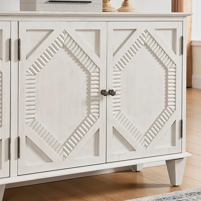 healthomse 65.2" Large Sideboard Buffet Cabinet with Storage, Symmetrical Geometric Accent Coffee Bar Wine Bar White Storage Cabinet, Console Table for Living Room/Entryway/Kitchen
