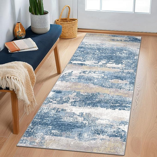 Runner Rug for Hallway Kitchen 2x7 Machine Washable Runners Rug for Entryway, Blue Cream Soft Modern Abstract Throw Rugs, Floor Carpet with Non Slip Rubber Backing