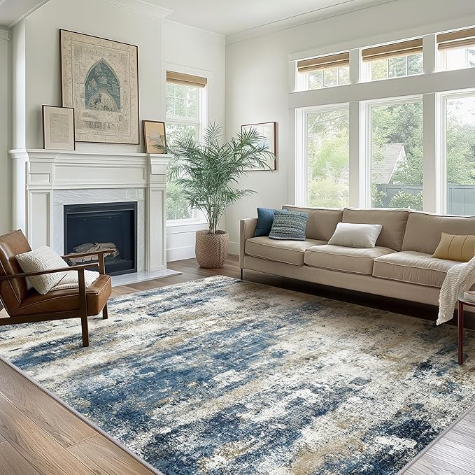 Machine Washable Rug 5x7 Area Rugs for Living Room Bedroom, Large Navy Blue Beige Abstract Area Rug Soft Throw Rugs, Low-Pile Floor Carpet with Non Slip Rubber Backing