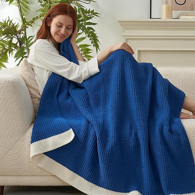Amélie Home Waffle Throw Blanket for Couch, Soft Cozy Chenille Knit Blanket Warm Decorative Throw for Sofa, 50"x60", Indigo