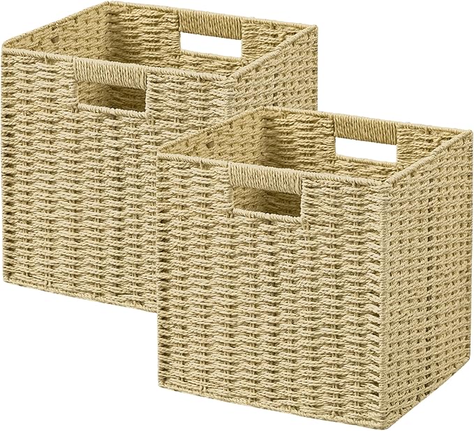 UBBCARE 2 Pack Wicker Basket,11L×11H×10.5W inch Woven Paper Rope Storage Baskets for Shelves, Foldable Cube Storage bin with Handle, Storage Basket for Organizing &amp; Decor, Natural