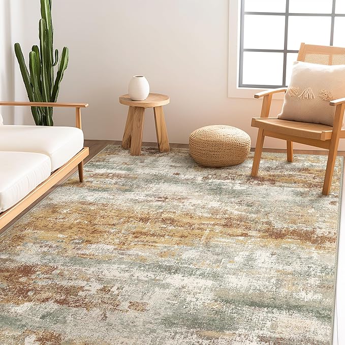 Area Rugs 6x9 for Living Room Bedroom, Modern Abstract Machine Washable Rug, Soft Low Pile Floor Cover with Non Slip Backing for Dining Room, Orange Green