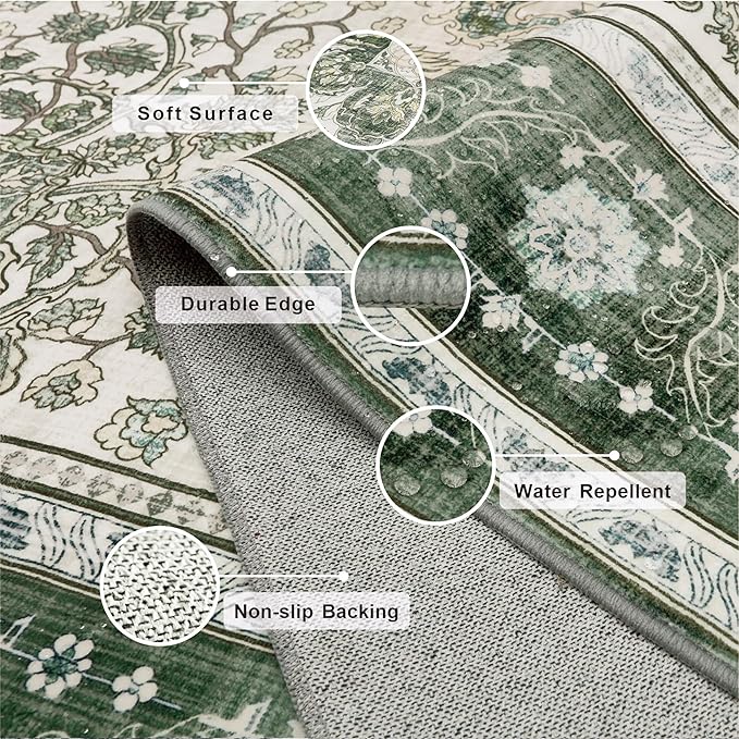 8x10 Boho Washable Area Rugs for Large Living Room Machine Washable Rug Stain Resistant Non-Slip Backing for Bedroom, Soft Vintage Area Rug (Green,8x10ft)