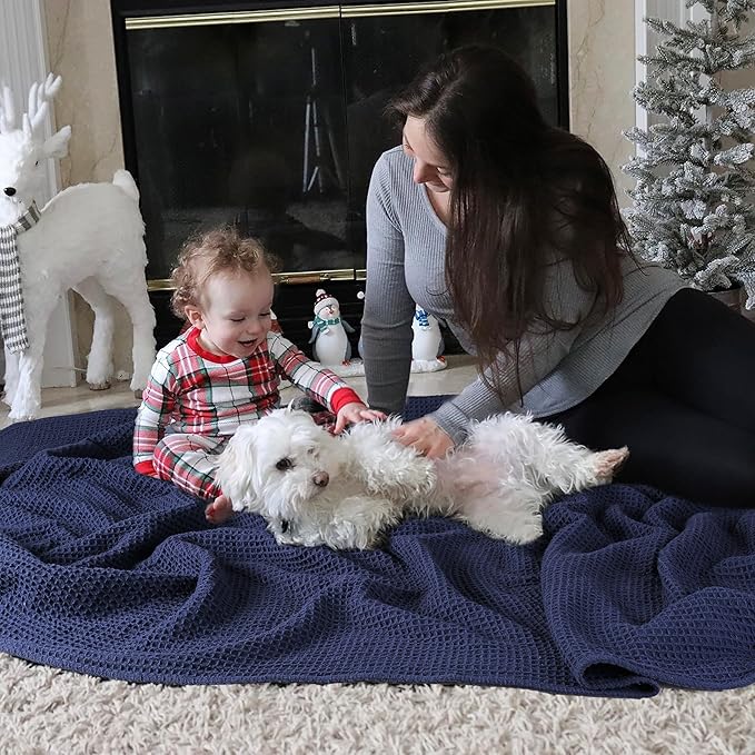 Tex Trend 100% Cotton Blankets King Size – Durable and Versatile Waffle Weave Blankets for Year Round Coziness – Breathable &amp; Lightweight - Navy Blue (90”x108”)