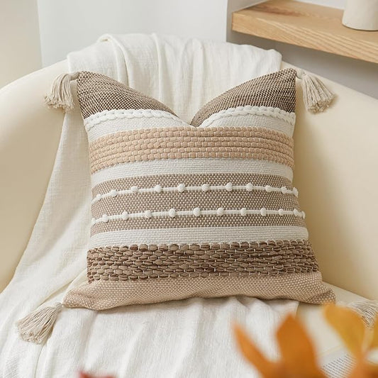 Fall Brown Decorative Throw Pillow Cover 18x18 Square Boho Accent Pillowcase Tassels Farmhouse Cushion for Couch Sofa Bedroom Livingroom Home Décor Cover ONLY (Pack of 1)