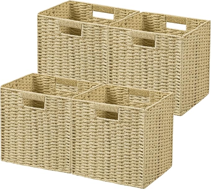 UBBCARE 4 Pack Wicker Basket, 11L×11H×10.5W inch Woven Paper Rope Storage Baskets for shelves, Foldable Cube Storage bin with Handle, Storage Basket for Organizing &amp; Decor, Natural