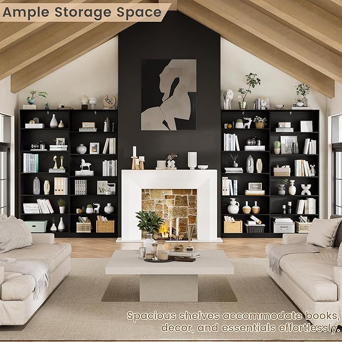 Black Bookcase, Bookshelf with 12 Open Shelves, Freestanding Display Storage Shelves, Book Case Home Library Bookcase for Living Room Bedroom Office 2PC