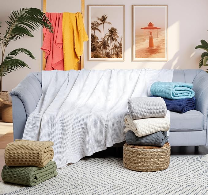 Tex Trend Ivory Waffle Blanket – 100% Cotton Blankets Queen Size – Breathable and Soft for Summer Spring – Suitable for Bed Layering, Sofa – Ivory (90”x90”)