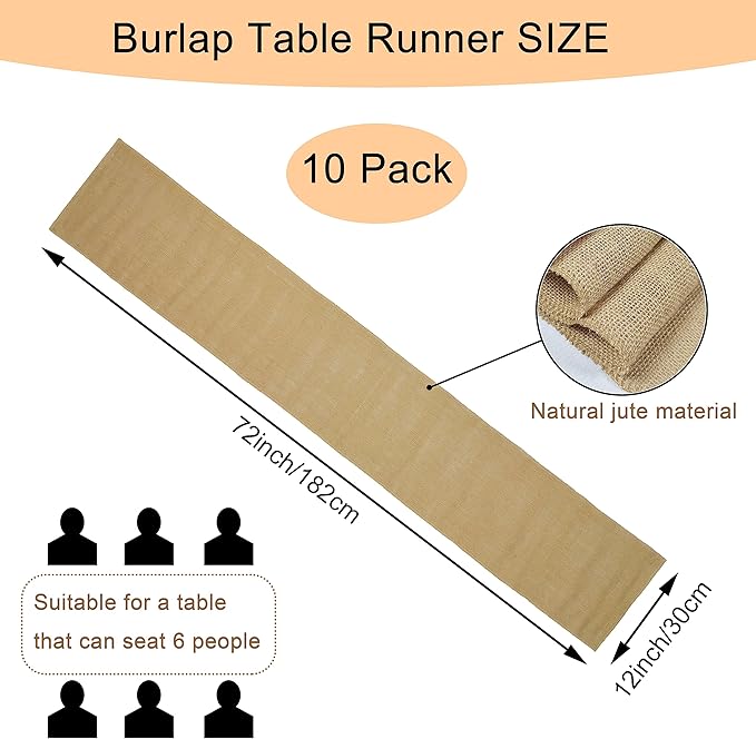 10 Pack Natural Burlap Table Runners,12 x 72 Inch Rustic Jute Table Runner and Placemats Bulk for Western Wedding Table Decorations,Farmhouse Style Party,Holiday,Kitchen Table Decor
