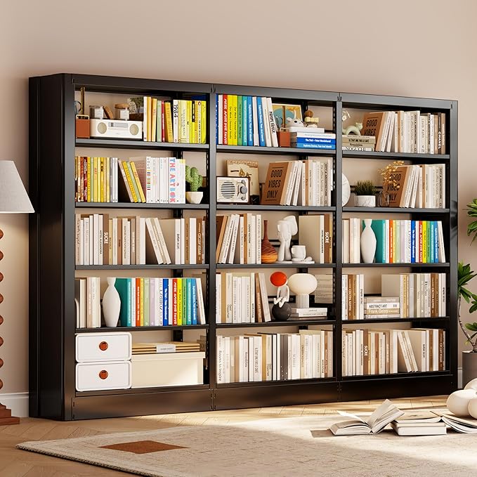 Bookshelf, 5-Tier Metal Sturdy Bookcase,71" H Tall Black Bookcase with Adjustable Shelves, Heavy Duty Storage Bookshelfs and Bookcases for Living Room, Library, Home Office(Black, 108.6" W)