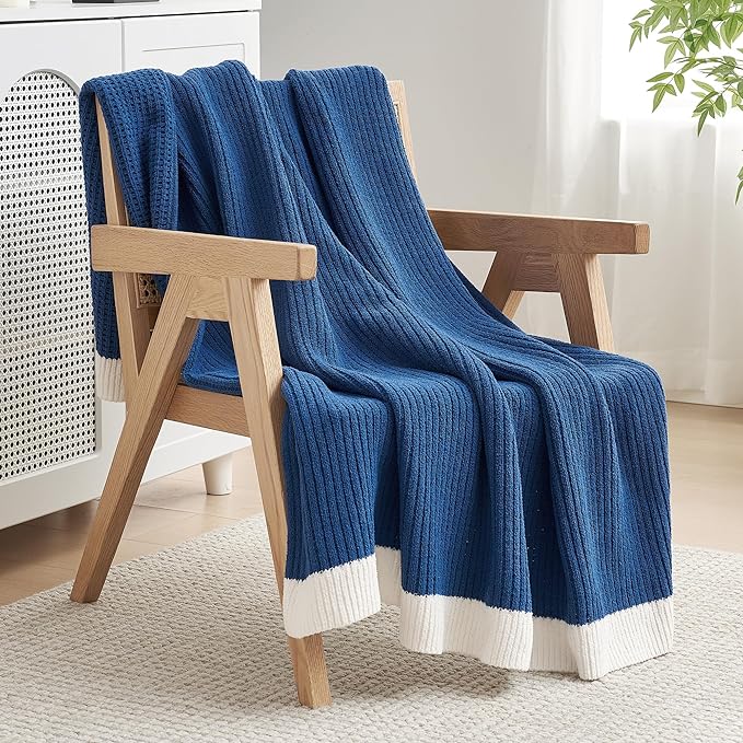 Amélie Home Waffle Throw Blanket for Couch, Soft Cozy Chenille Knit Blanket Warm Decorative Throw for Sofa, 50"x60", Indigo