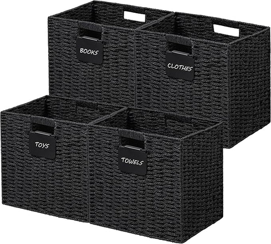 UBBCARE 4 Pack Wicker Basket, 13×13 Storage Cubes with Label, Foldable Cube Storage Bin with Handle, Square Storage Basket for Shelves, Woven Paper Rope Basket for Organizing, Black