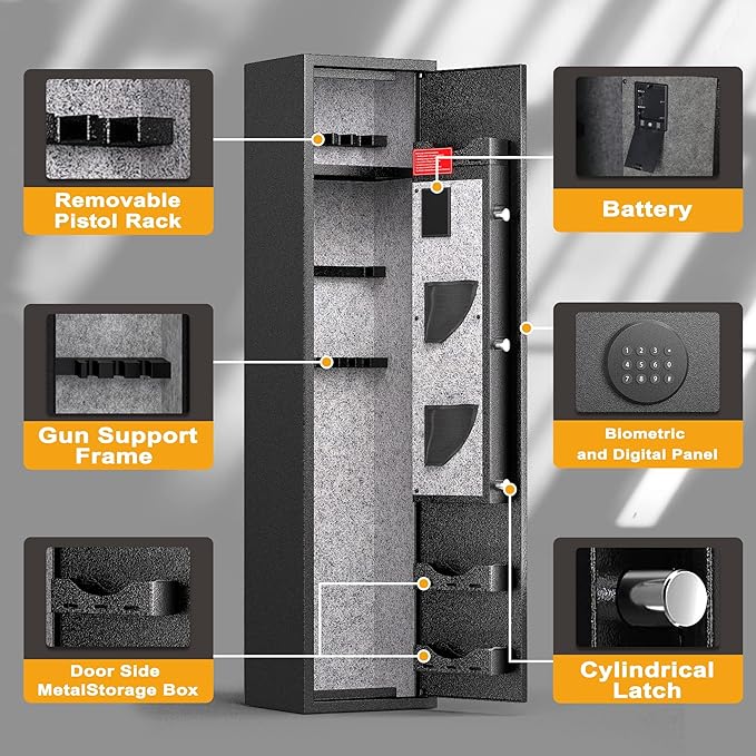 Greenvelly 6-8 Gun Safe for Rifles and Pistols, Rifle Safe with Keyboard Lock, Gun Cabinet for Rifles and Shotguns, Quick Access Fireproof Gun Safe with Pocket and Gun Rack for Home