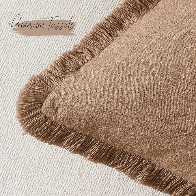 Woaboy Set of 2 Decorative Linen Fringe Throw Pillow Covers Boho Farmhouse Euro Cushion Covers Accent Pillowcases with Tassels for Living Room Couch Sofa Bed Chair,26x26 Inch,Brown