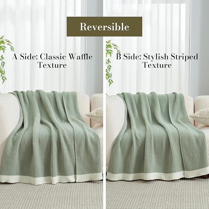 Amélie Home Waffle Throw Blanket for Couch Twin, Soft Cozy Chenille Knit Blanket Warm Decorative Throw for Sofa, Bed, Living Room, 60"x80", Sage Green