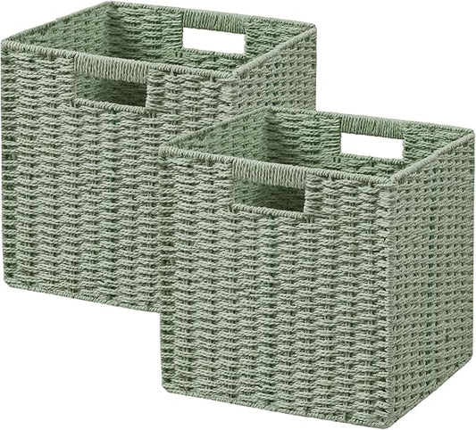 UBBCARE 2 Pack Wicker Basket, 11.8L×11.8H×11W inch Woven Paper Rope Storage Baskets for shelves, Foldable Cube Storage bin with Handle, Storage Basket for Organizing &amp; Decor, Green