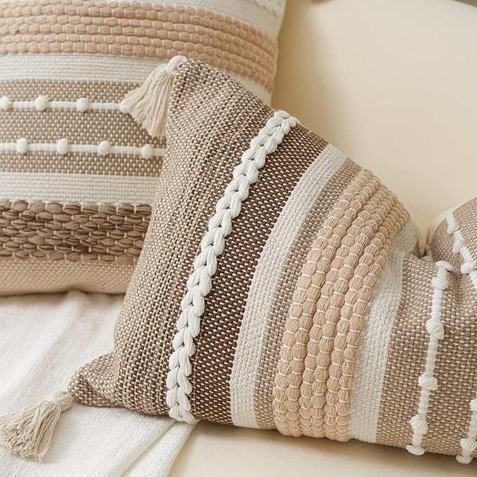 Fall Brown Decorative Throw Pillow Cover 18x18 Square Boho Accent Pillowcase Tassels Farmhouse Cushion for Couch Sofa Bedroom Livingroom Home Décor Cover ONLY (Pack of 1)