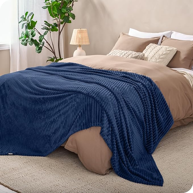 Bare Home Textured Fleece Blanket - King Size - Ultra-Soft Lightweight for Bed, Sofa, and Couch - Luxury Microplush - Cozy Warm Blanket (King, Ribbed Dark Blue)