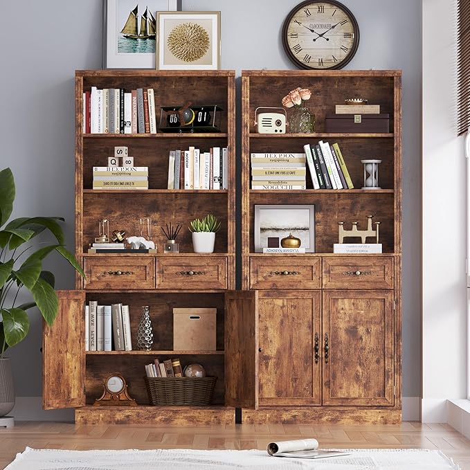 71.4" Tall Bookshelf with Drawers &amp; Cabinet, 5-Tier Floor Standing Bookcase with Storage Doors, Adjustable Shelves &amp; Metal Handles, 31.5" Wide Organizer for Home Office, Living Room