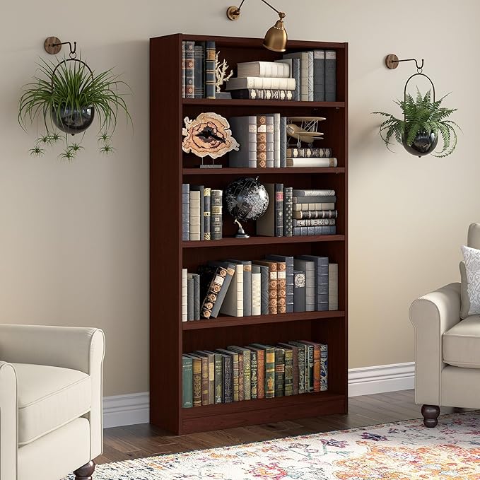 Bush Furniture Universal Tall 5 Shelf Bookcase in Vogue Cherry, Vertical Storage and Display Bookshelf for Home Office or Living Room Organization