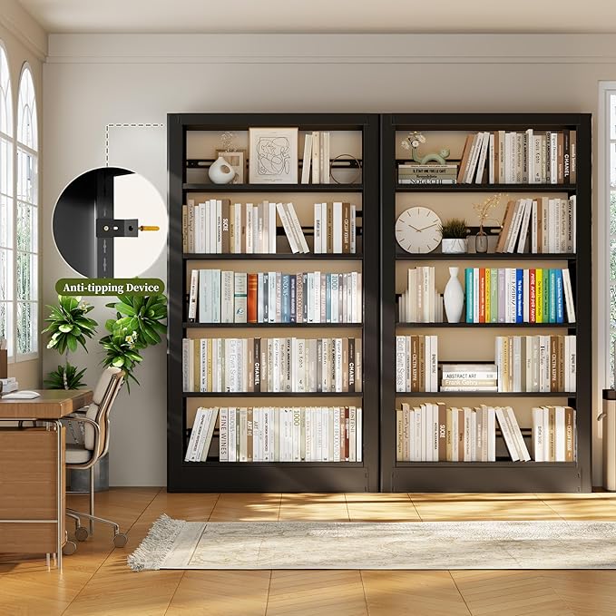 Bookshelf, 5-Tier Metal Sturdy Bookcase,71" H Tall Black Bookcase with Adjustable Shelves, Heavy Duty Storage Bookshelves and Bookcases for Living Room, Library, Home Office(Black, 73" W)