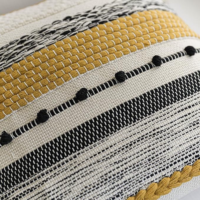 Fall Yellow Mustard Decorative Throw Pillow Cover 18x18 Square Boho Accent Pillowcase Tassels Farmhouse Cushion for Couch Sofa Bedroom Living Room Home Décor Cover ONLY