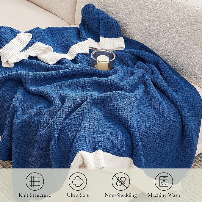 Amélie Home Waffle Throw Blanket for Couch, Soft Cozy Chenille Knit Blanket Warm Decorative Throw for Sofa, 50"x60", Indigo