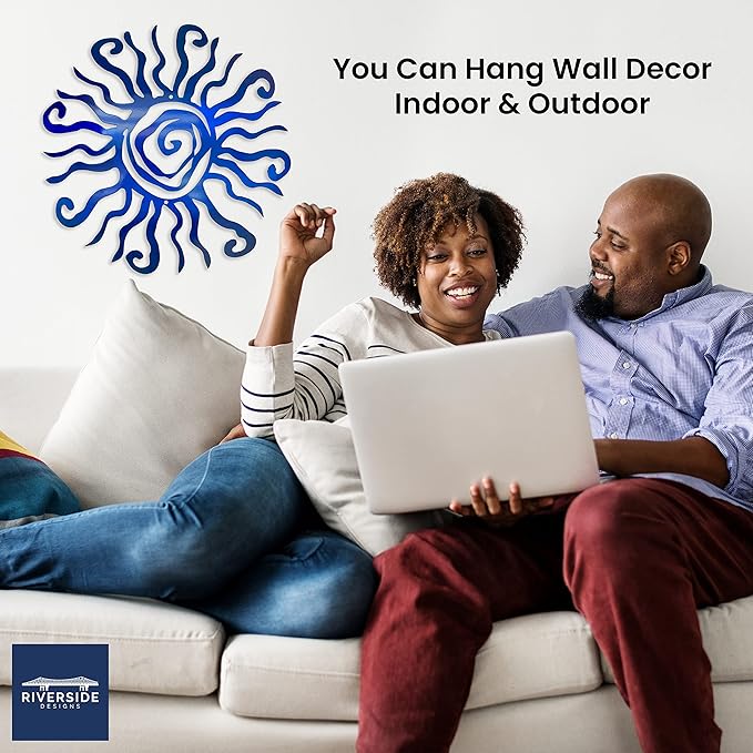 Riverside Designs Wacky Sun Metal Wall Art Indoor/Outdoor Decor - 36" Blue Rust Proof Wall Sculpture - Made in USA - Ideal for Bedroom, Garden, Home, Patio and Farmhouse