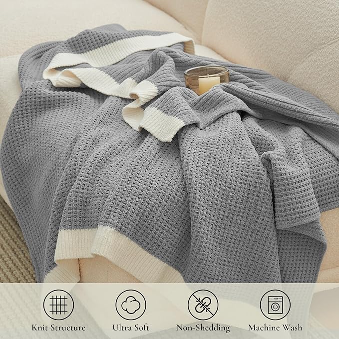 Amélie Home Waffle Throw Blanket for Couch, Soft Cozy Chenille Knit Blanket Warm Decorative Throw for Sofa, 50"x60", Grey