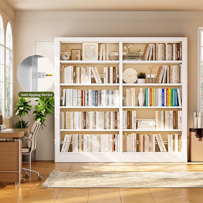 Bookshelf, 5-Tier Metal Sturdy Bookcase,71" H Tall White Bookcase with Adjustable Shelves, Heavy Duty Storage Bookshelfs and Bookcases for Living Room, Library, Home Office(White, 73" W)