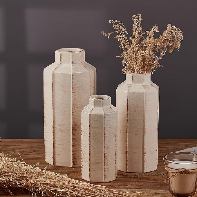 LUKA Ceramic Rustic Farmhouse Vase Set of 3,Ice Cracked Glazed Terracotta Vase,Large Vases for Decor,Fall Decoratiion Vases for Home, Table, Living Room, Shelf